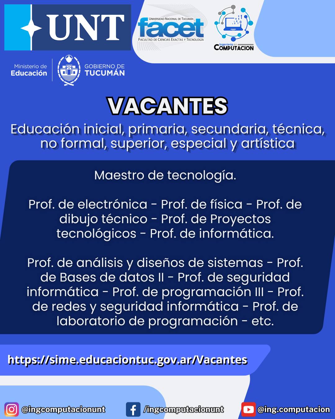 Vacantes docentes del Ministerio de Educación de la provincia de Tucumán.