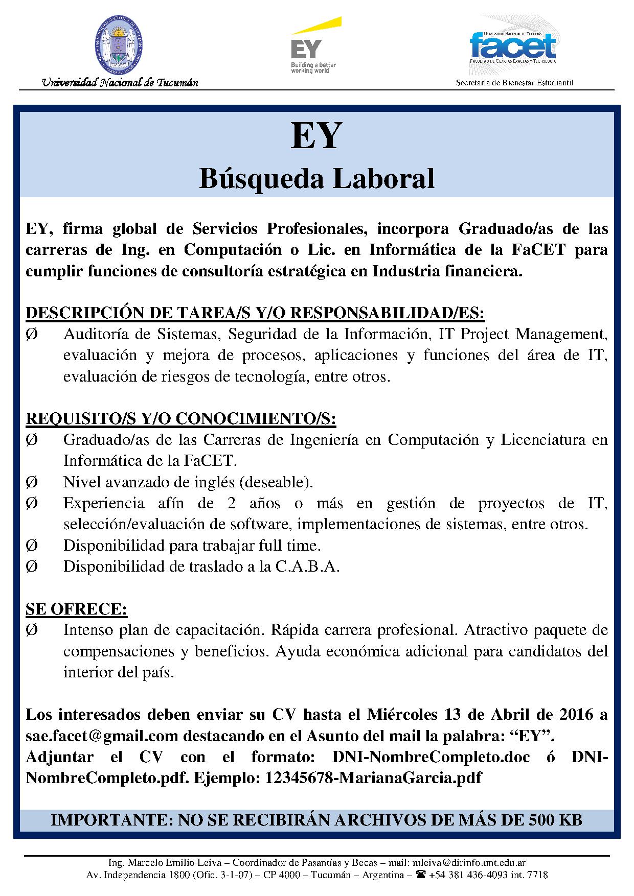 Ofertas Laborales 2016 Facultad De Ciencias Exactas Y Tecnologia